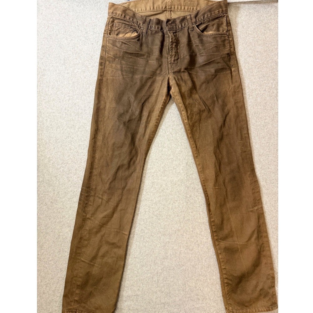 7 For All Mankind Slimmy Jeans Mens 34 Coated Denim Brown Made in USA Slim Fit